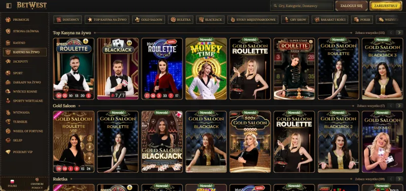 Zrzut ekranu ze strony kasyna na żywo BetWest Casino