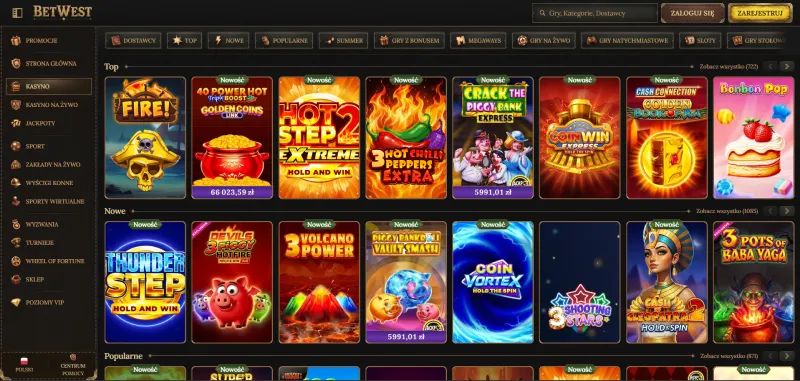 Zrzut ekranu ze strony kasyna BetWest Casino